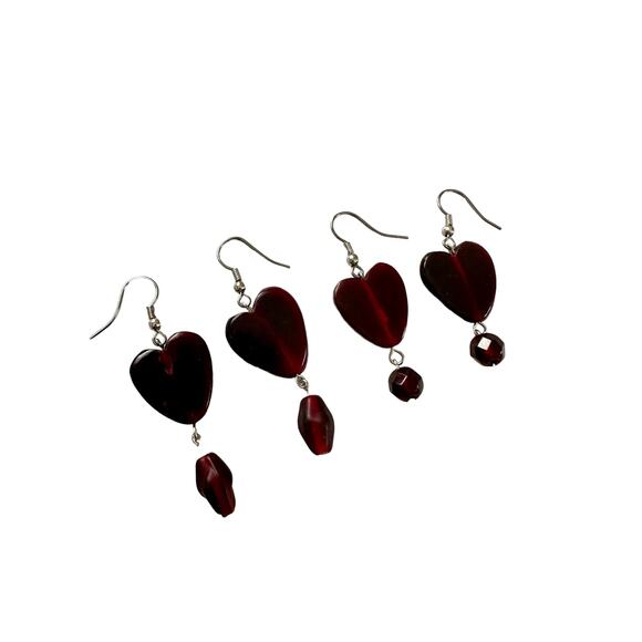 Two Pairs Red Glass Heart Earrings - Picture 1 of 6